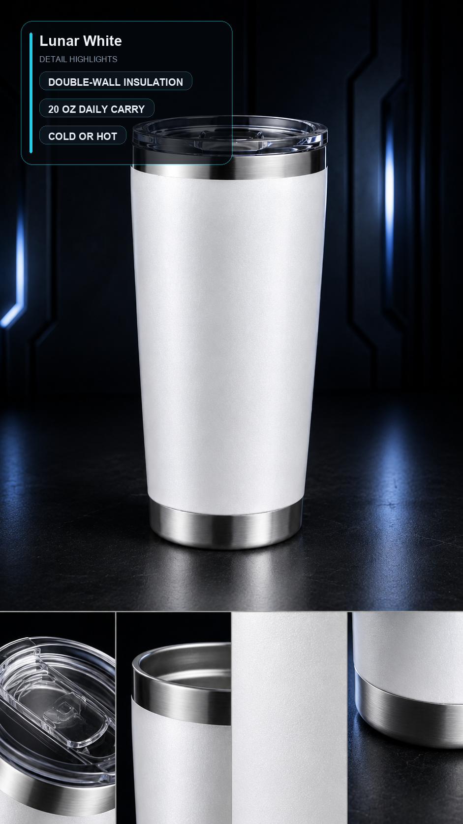 CyberFlasks Lunar White insulated tumbler detail image
